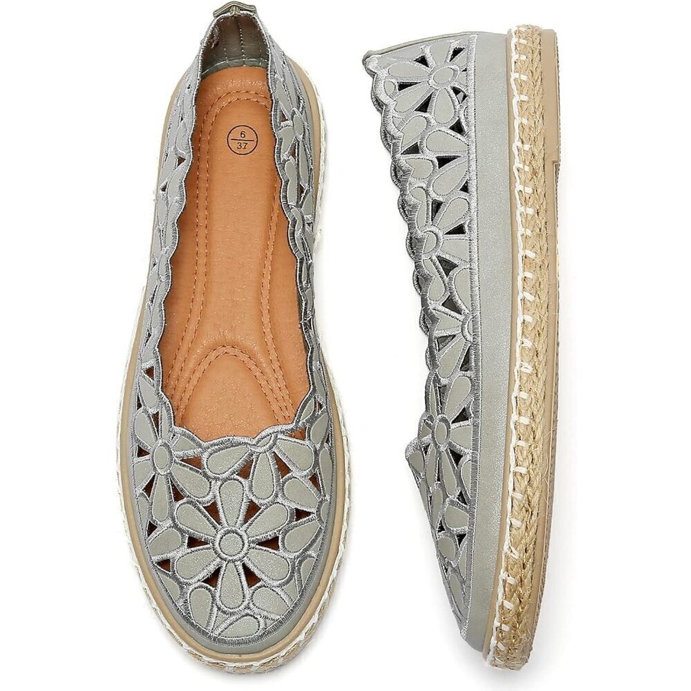 Heawish Flat Shoes Women Grey Leather  Daisy Round Toe Casual Slip On Rope Shoes